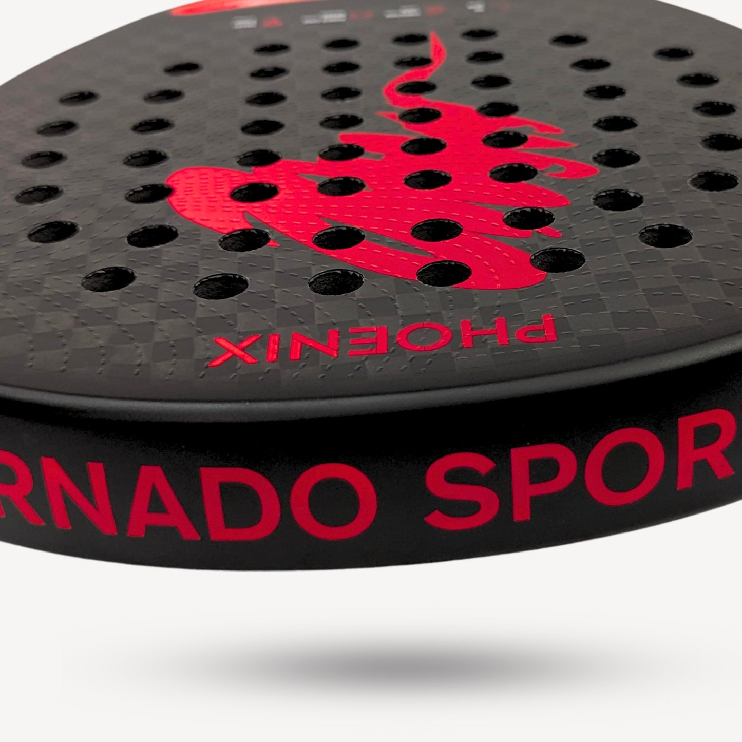 Black and red sports padel racket with 'Phoenix' and 'Tornado Sports' branding on a white background