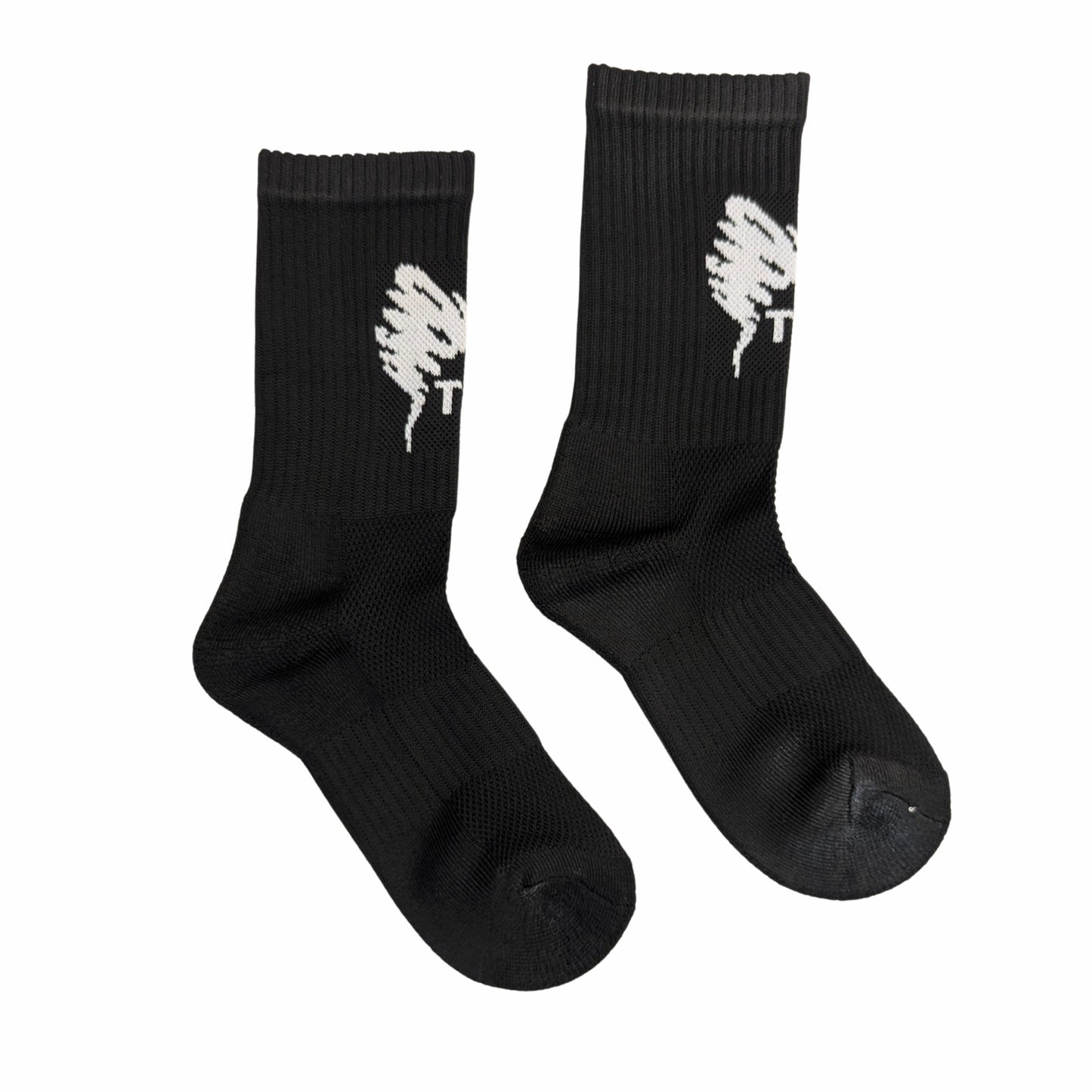 Black socks with white logo on a white background , Ideal for running, gym training, padel, cricket, football, and long practice sessions.