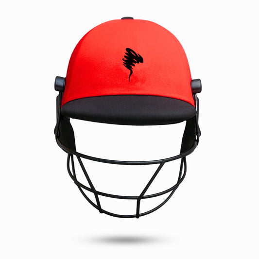 "Tornado Sports red cricket helmet front view β premium protective headgear with steel grill, aerodynamic shell, and matte finish for professional players."