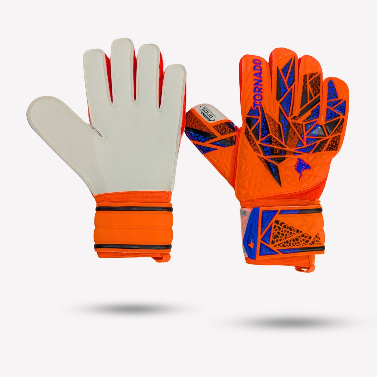 Pair of orange and white goalkeeper gloves with brand logo on a white background