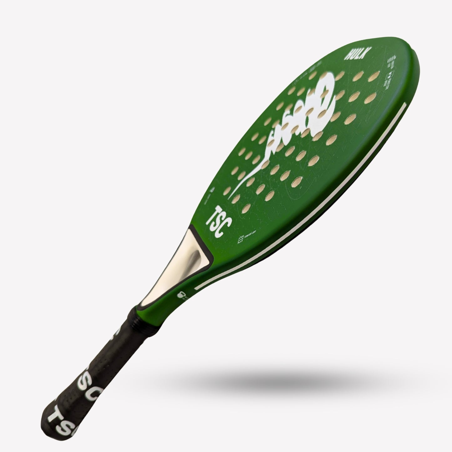 Green beach tennis racket with tornado sports logo on a white background