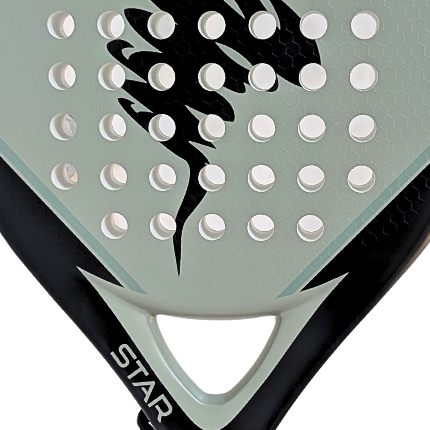 Close-up of STAR padel racket’s 3D textured surface and fiberglass frame, designed for young players.