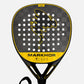 18k carbon fibre face of padel tennis racket black and golden design close up 