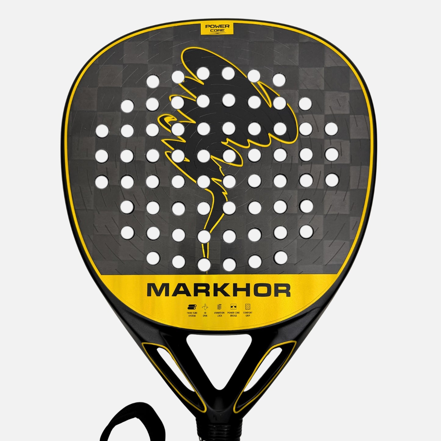18k carbon fibre face of padel tennis racket black and golden design close up 