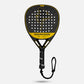Black and yellow golden padel tennis racket with 'Markhor' branding on a light gray background