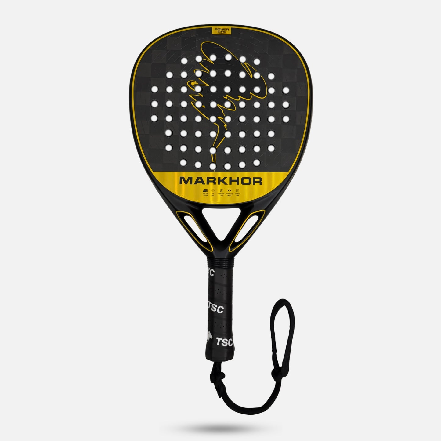 Black and yellow golden padel tennis racket with 'Markhor' branding on a light gray background