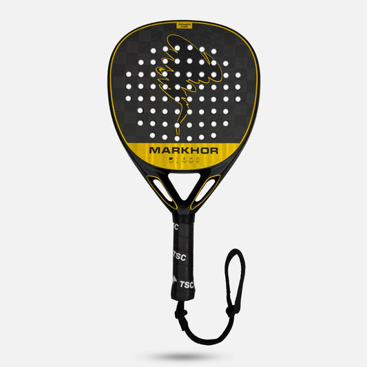 Black and yellow golden padel tennis racket with 'Markhor' branding on a light gray background