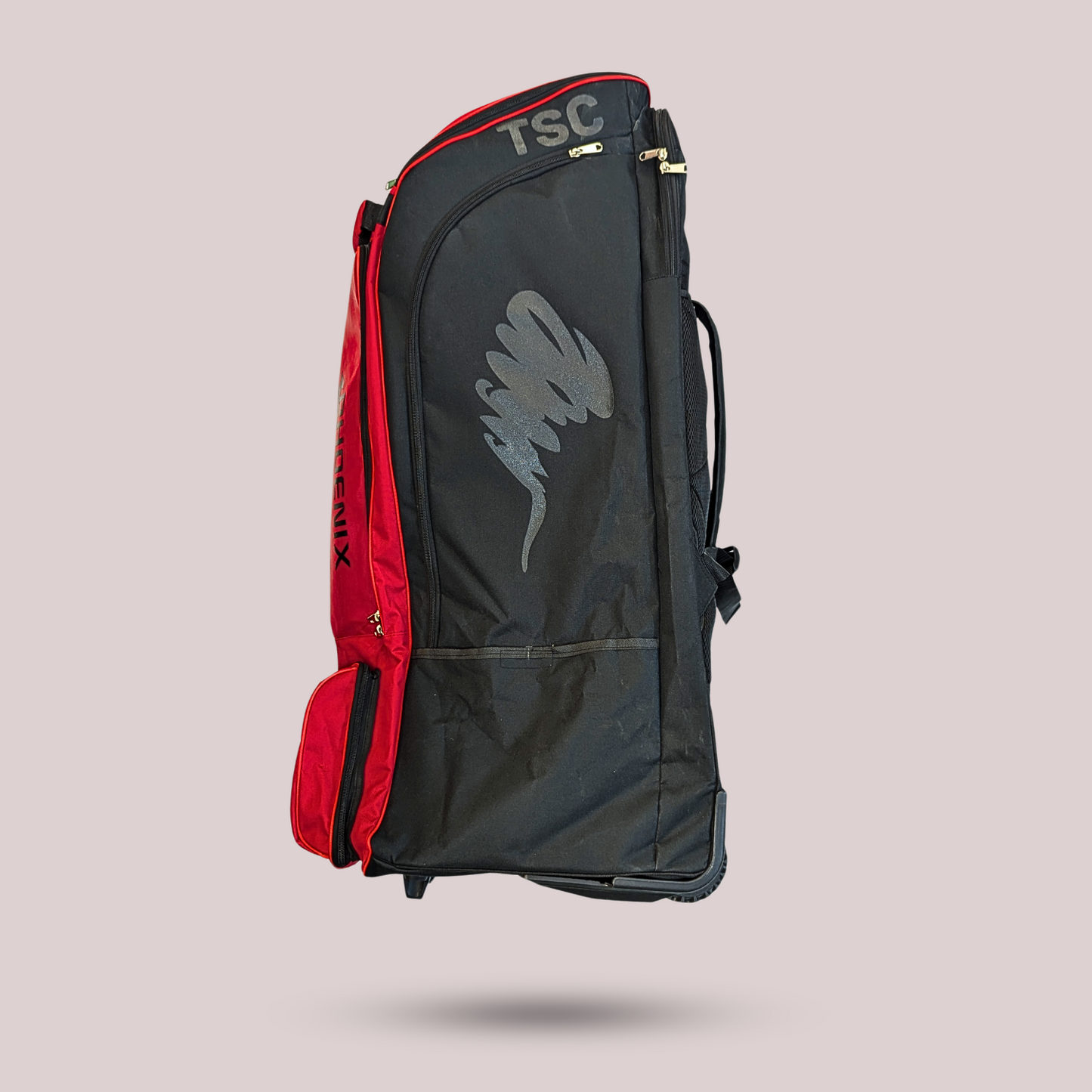 image of a cricket bag red and black side pose