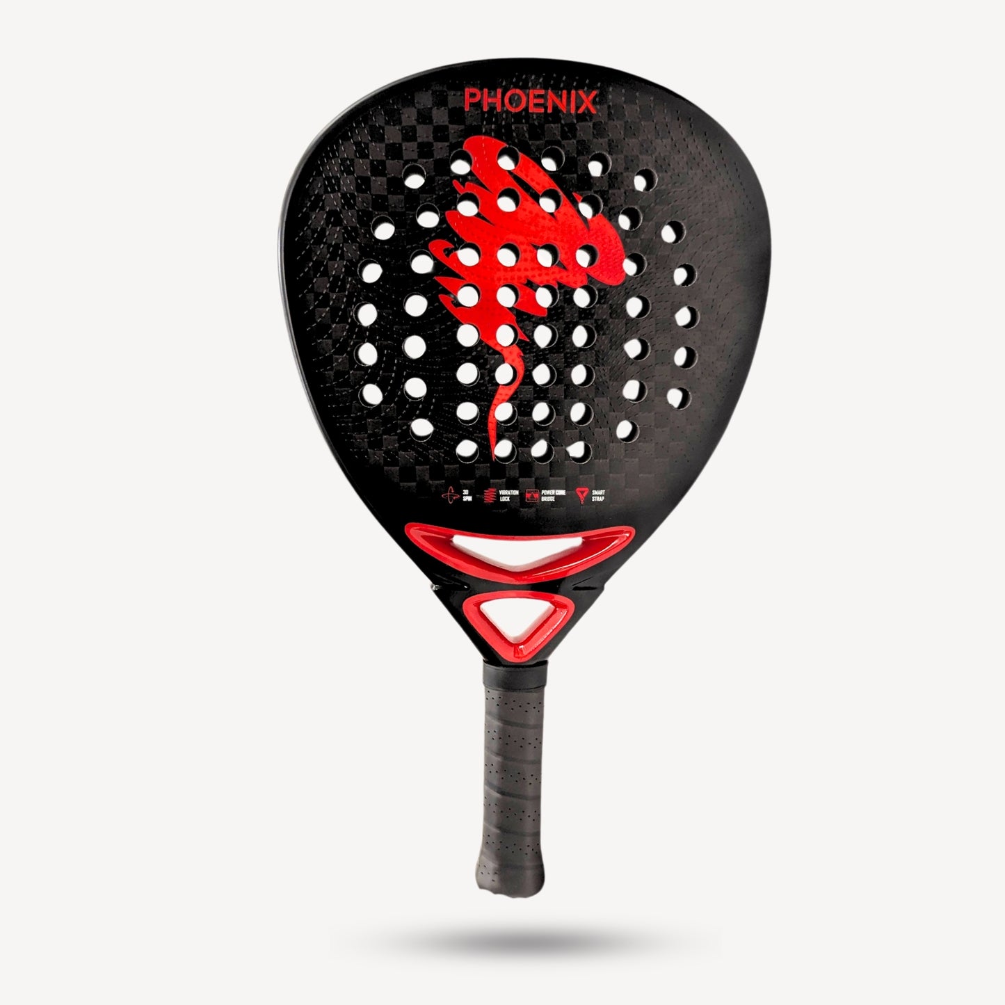 Black and red Phoenix paddle on a light gray background - best padel racket 12k carbon 