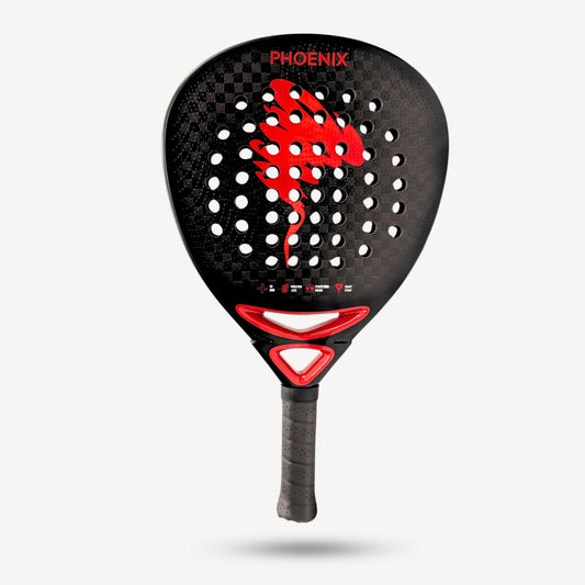 Black and red Phoenix paddle on a light gray background - best padel racket 12k carbon 