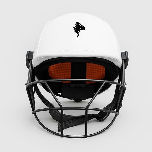 Premium white cricket helmet with strong grill and lightweight protective design for professional players