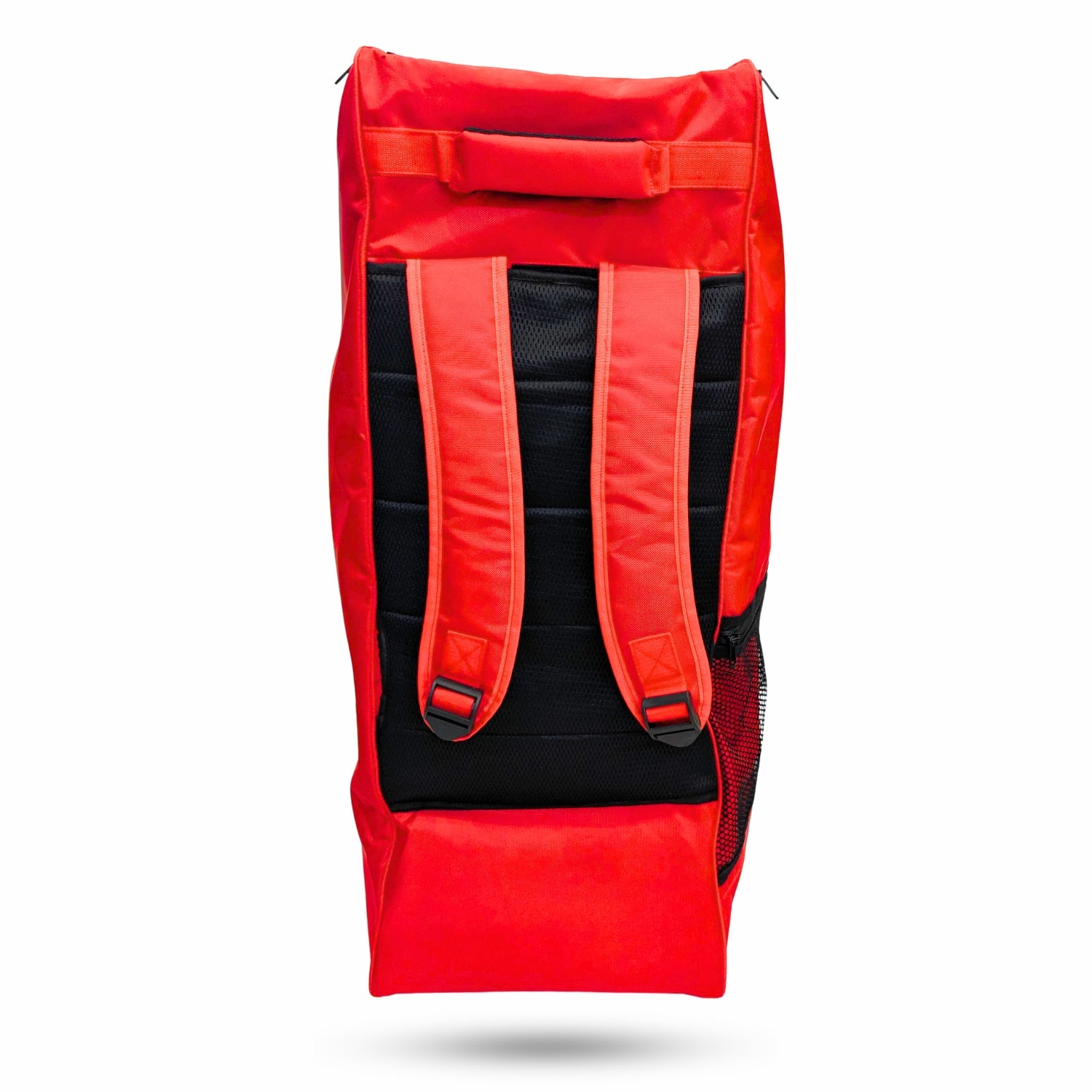 Back view of red Phoenix cricket duffle bag showing padded backpack straps