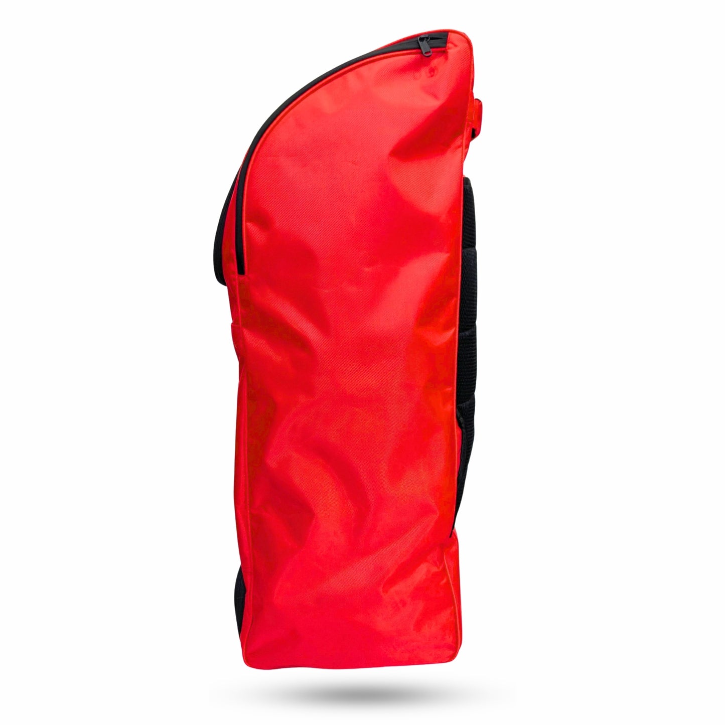 Left side of red Phoenix cricket duffle bag with extended storage panel