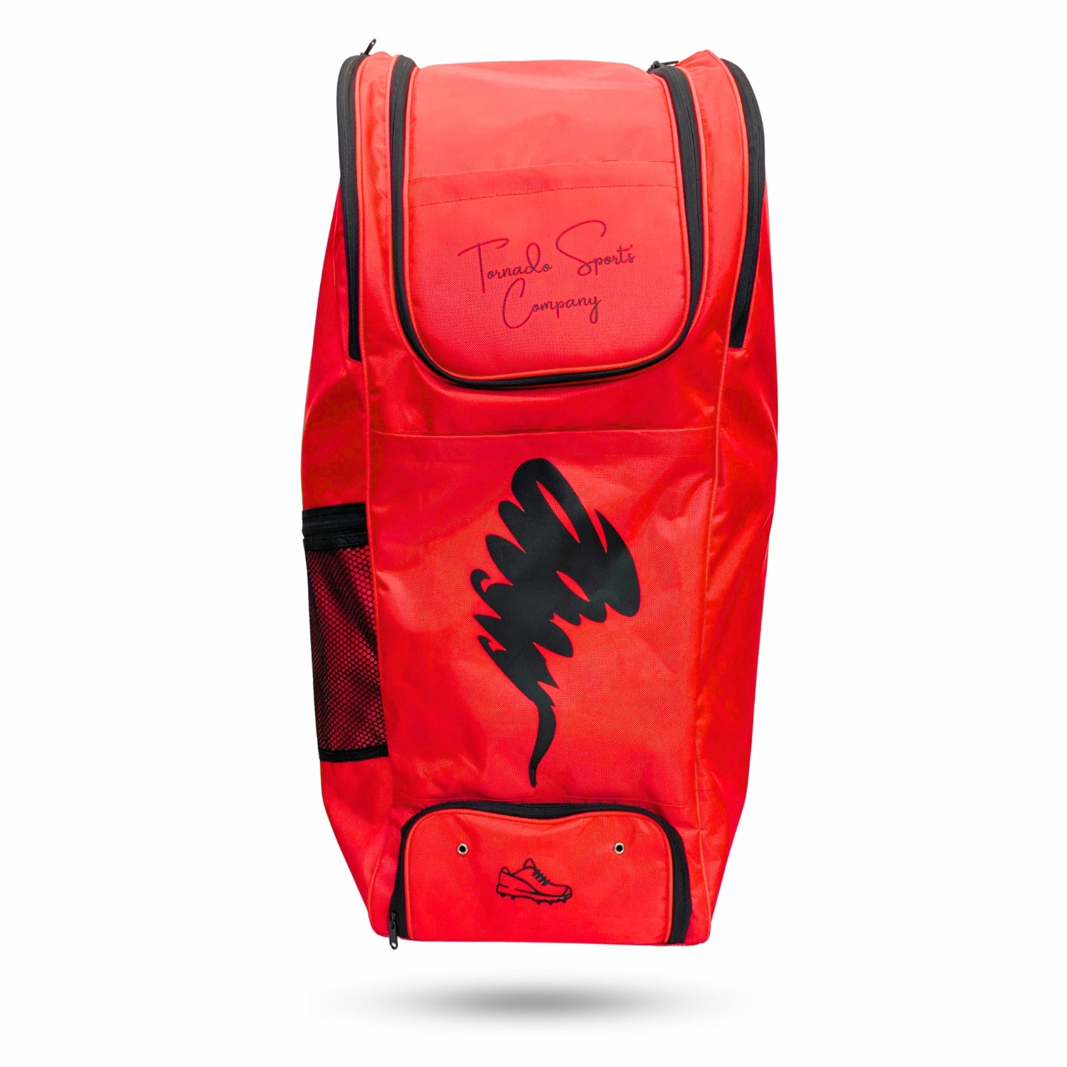 Front view of red Phoenix cricket duffle bag with shoe compartment and Tornado logo