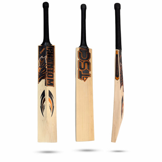 Tornado Dark Phantom Cricket Bat – premium English Willow with thick edges, extended sweet spot, and high spine profile, shown from front, back, and side views.