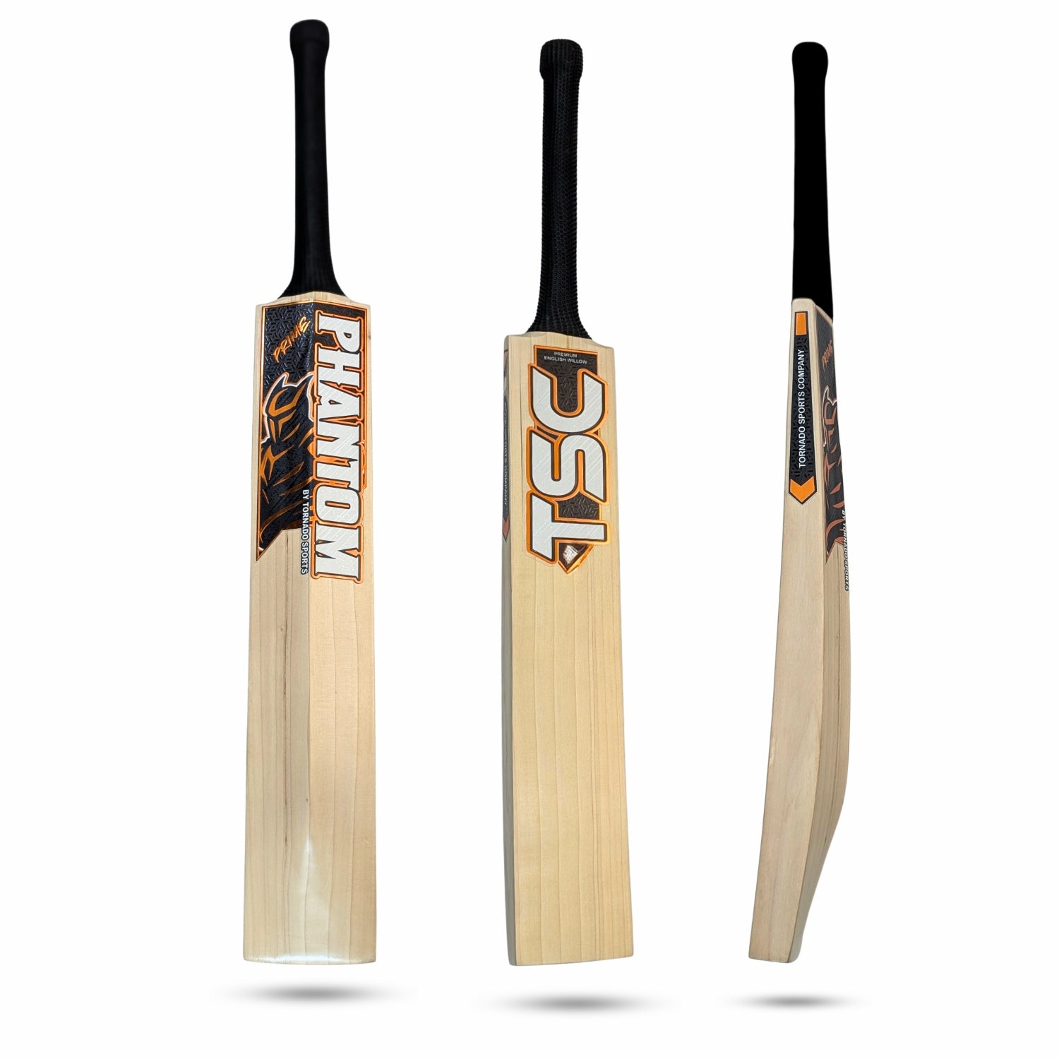 Tornado Phantom Prime cricket bat displayed in three angles — front face, back profile, and spine view — crafted from Players Grade English Willow with a balanced mid-profile and all-rounder design.