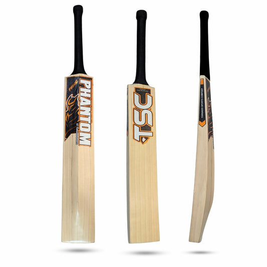 Tornado Phantom Prime cricket bat displayed in three angles — front face, back profile, and spine view — crafted from Players Grade English Willow with a balanced mid-profile and all-rounder design.
