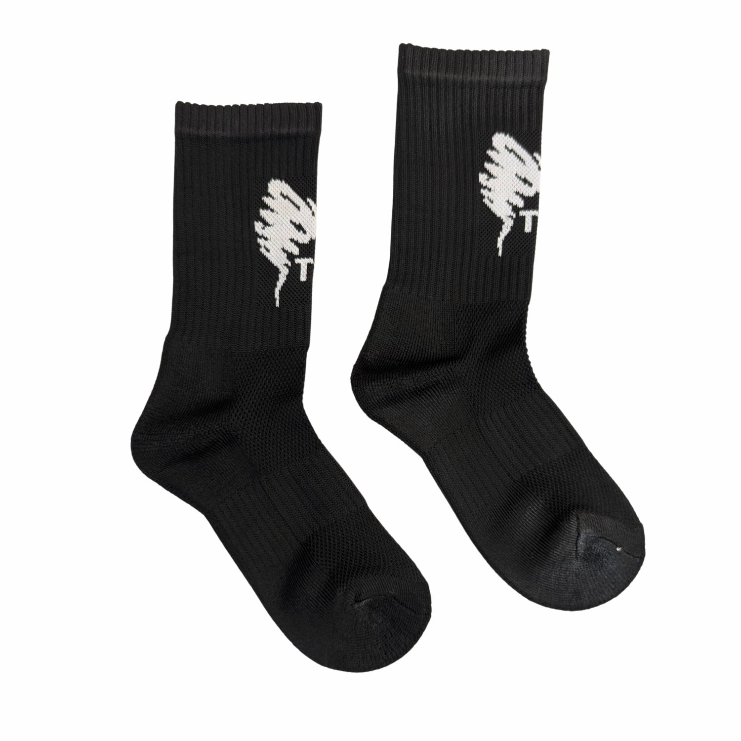 Black socks with white logo on a white background , Ideal for running, gym training, padel, cricket, football, and long practice sessions.