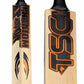Close-up of Tornado Dark Phantom cricket bat stickers – black and gold premium branding with textured detailing on high-end English Willow.