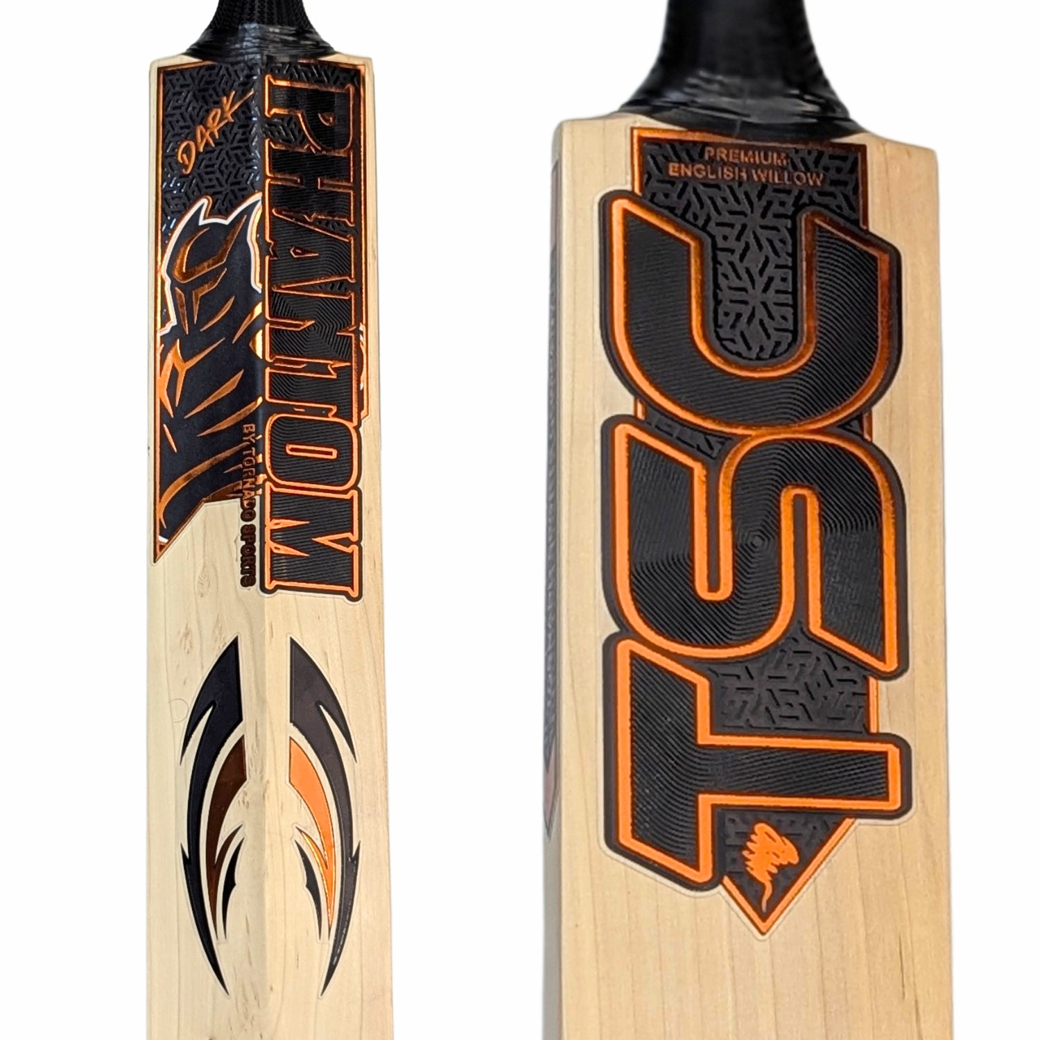 Close-up of Tornado Dark Phantom cricket bat stickers – black and gold premium branding with textured detailing on high-end English Willow.