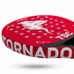 Red paddle tennis racket with 'Tornado' branding on a white background