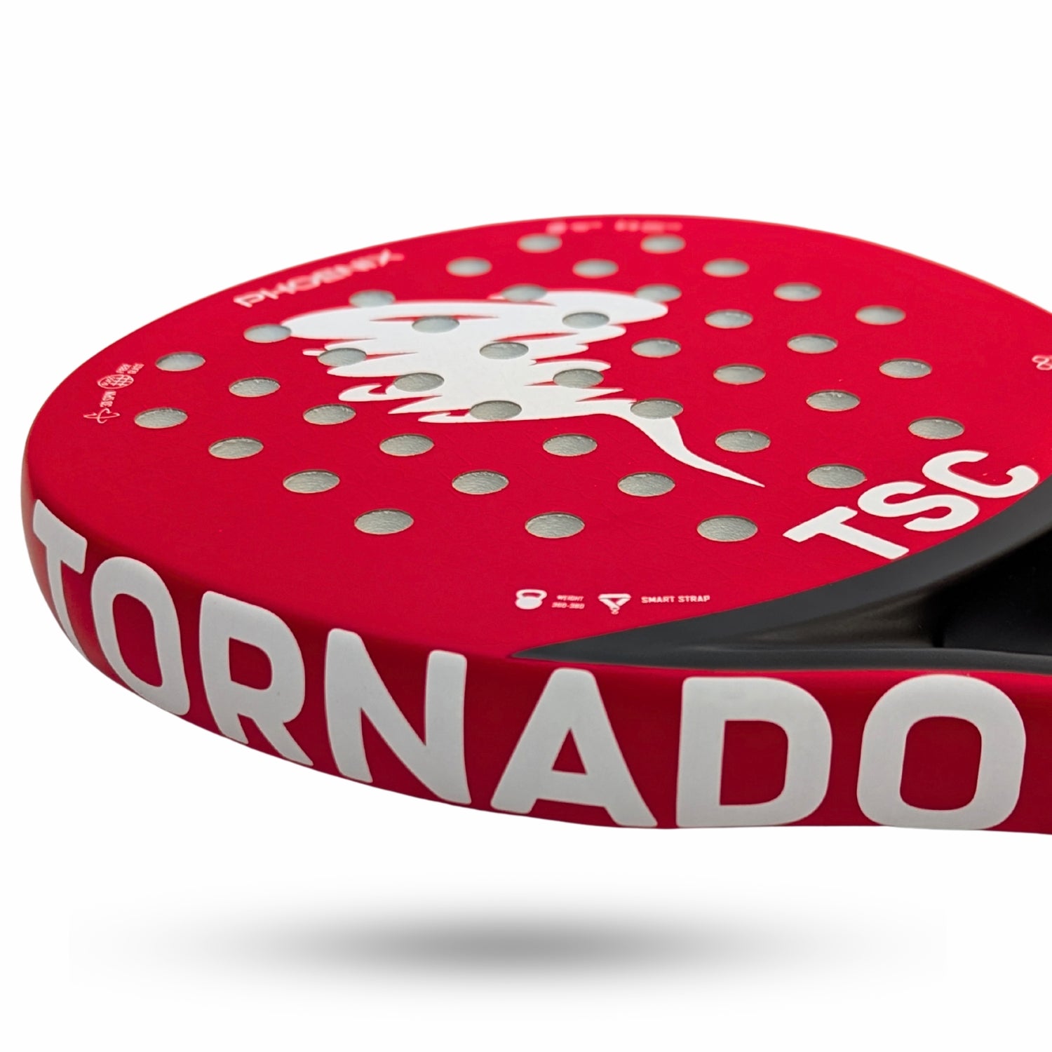 Red paddle tennis racket with 'Tornado' branding on a white background