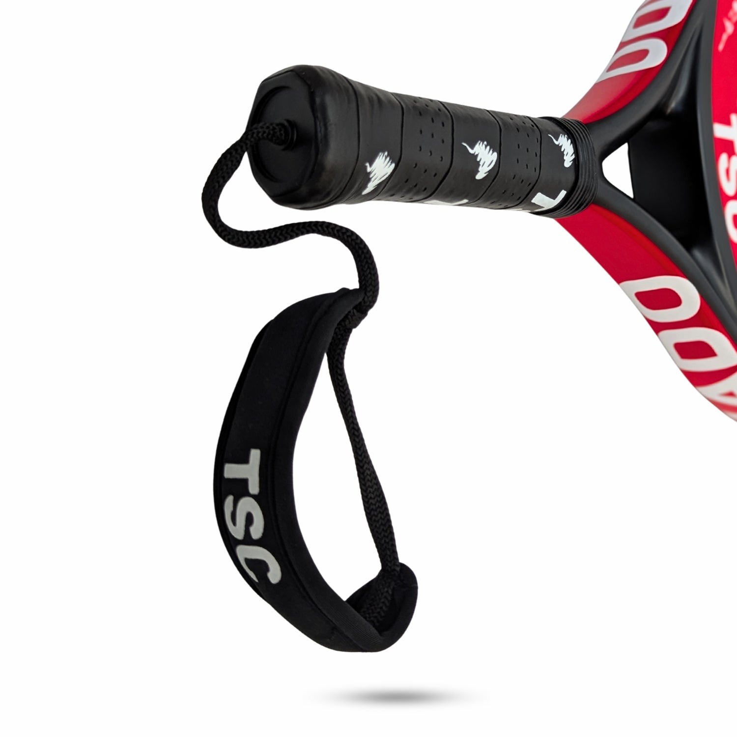 Close-up of a padel tennis racket with a black handle and red frame on a white background