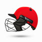 "Red cricket helmet side profile — lightweight design with ventilation holes, shock-absorbing padding, and adjustable strap for comfort and safety."