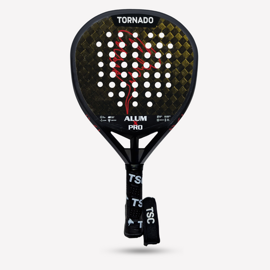 Tornado Sports ALUM X PRO padel racket featuring black frame with gold 12K carbon weave and red lightning design, premium padel gear for intermediate players.

