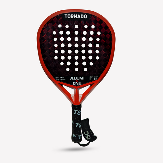 Tornado Sports ALUM X ONE red padel racket with aluminized 12K carbon face for intermediate players.