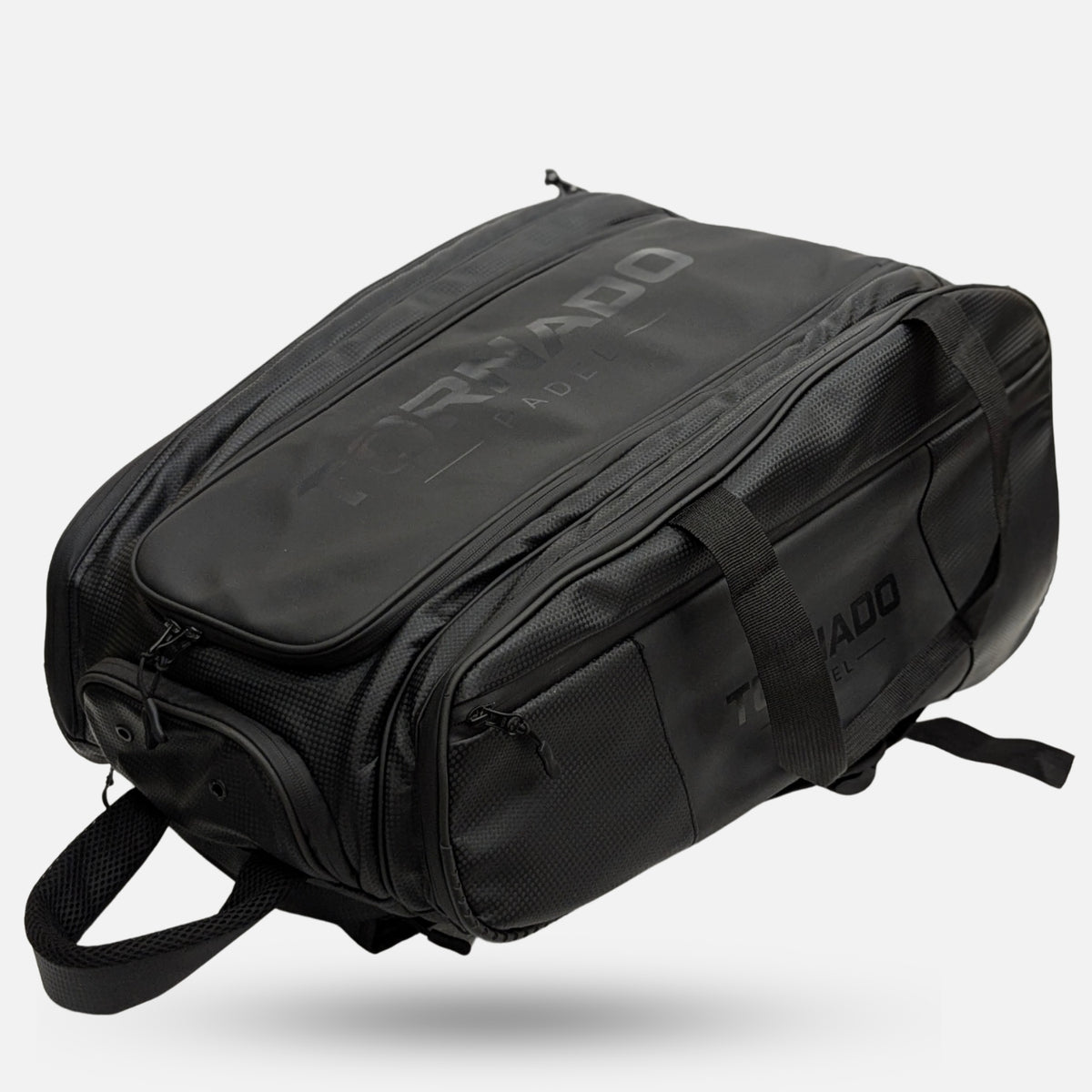 Tornado Dark Edition black padel bag front view with multiple compartments