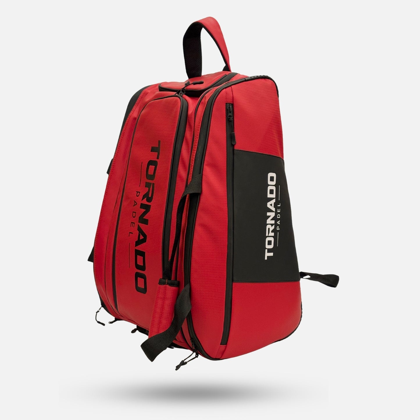 Tornado Padel Bag 2026 Red with insulated racket storage, shoe compartment, side pockets, backpack straps, and court hanging hook.