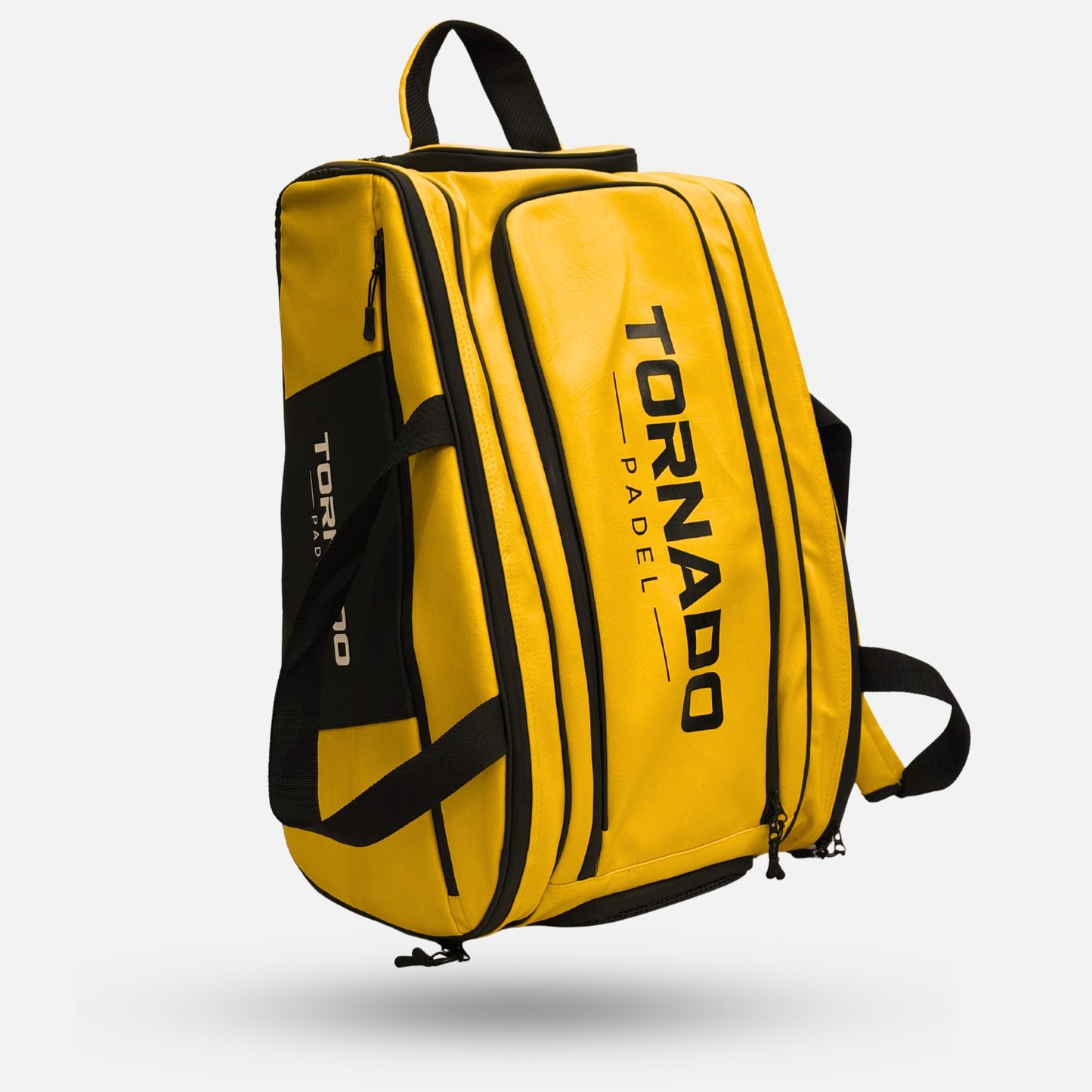 Tornado Padel Bag 2026 Mustard Yellow with insulated racket sections, shoe compartment, backpack straps, and court hanging hook.