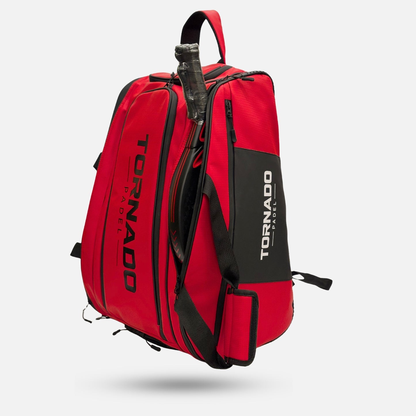 Tornado Padel Bag 2026 Red with insulated racket storage, shoe compartment, side pockets, backpack straps, and court hanging hook.