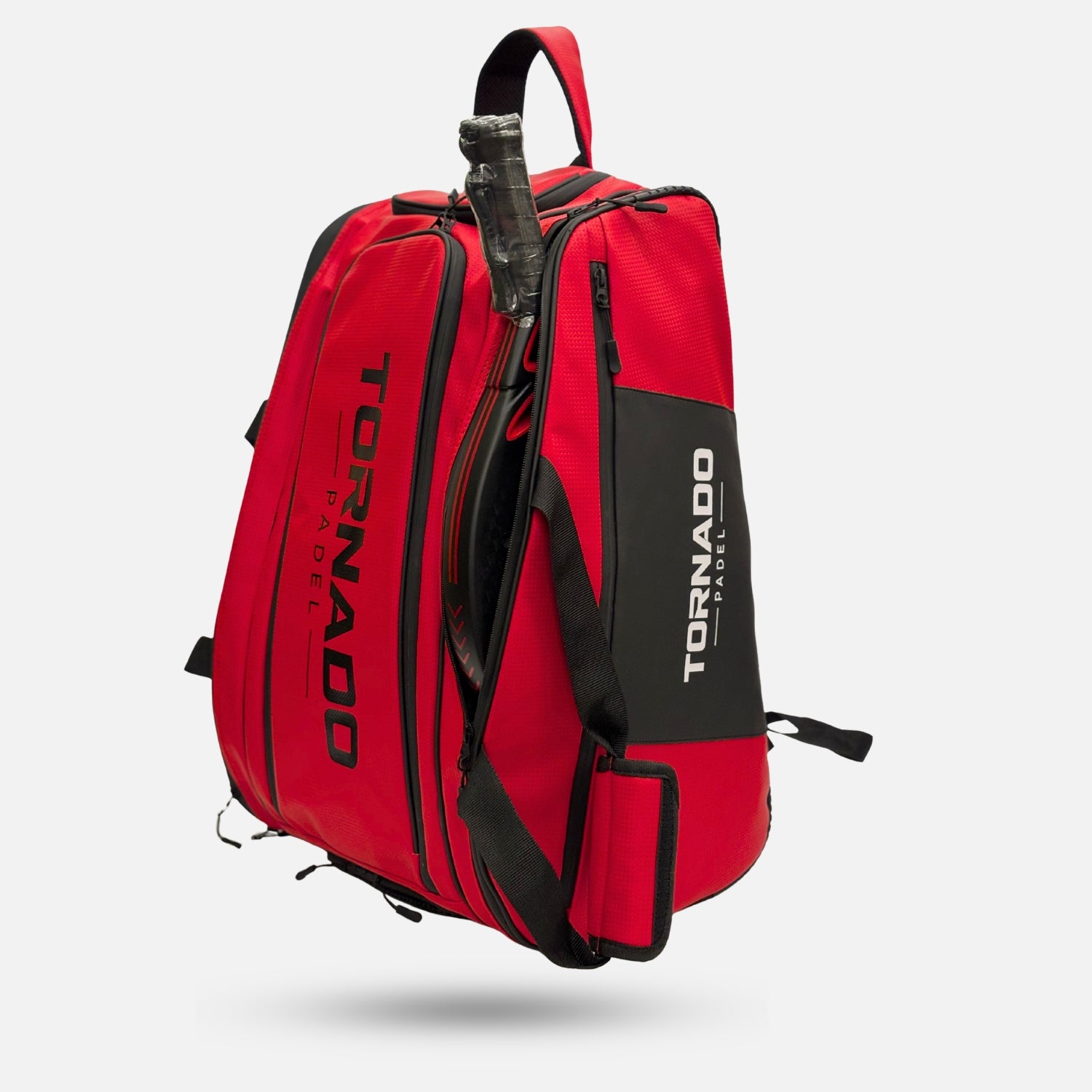Tornado Padel Bag 2026 Red with insulated racket storage, shoe compartment, side pockets, backpack straps, and court hanging hook.