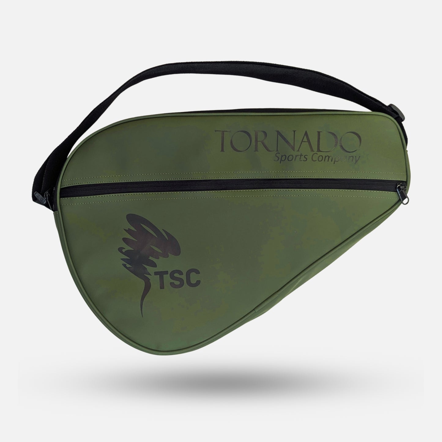 An olive green fanny pack with a black strap and black zipper, featuring the 'TORNADO sports Company' and 'TSC' logos on the front, shown against a light gray background. padel tennis racket cover