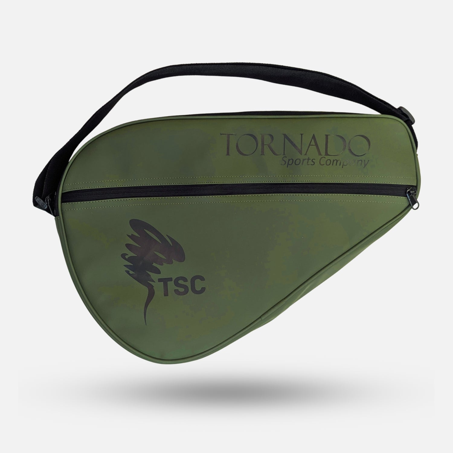 An olive green fanny pack with a black strap and black zipper, featuring the 'TORNADO sports Company' and 'TSC' logos on the front, shown against a light gray background. padel tennis racket cover