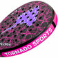 Close-up of a round paddle racket with a black perforated face featuring a purple and pink floral pattern, a purple logo, and a bright pink side edge with the text 'TORNADO SPORTS' and 'FLORA'.