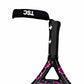 Close-up of a paddle padel racket handle with a black TSC wrist strap, black textured grip tape, and a black frame decorated with pink floral patterns, on a white background.