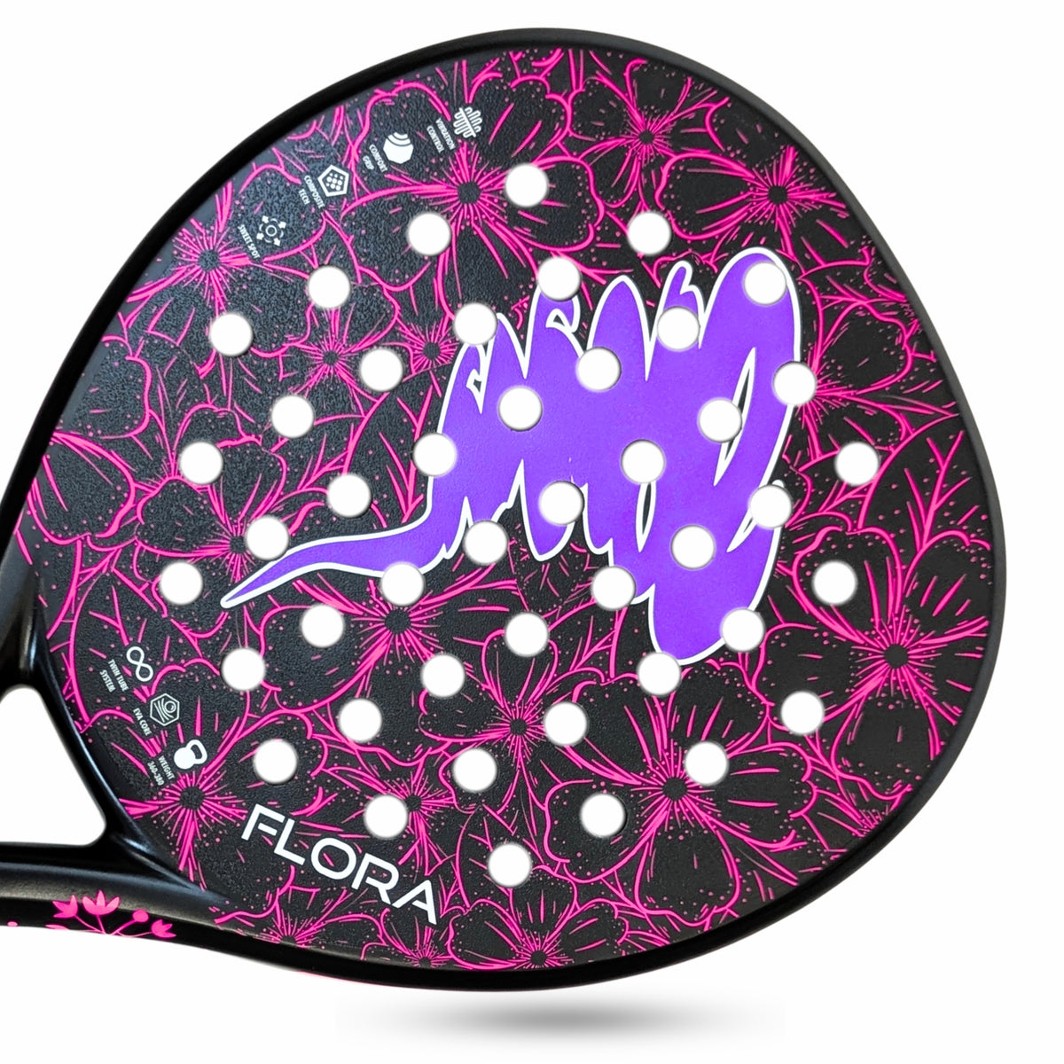 A close-up of a  pink women padel racket face featuring a black background with a vibrant pink floral pattern, a large purple stylized logo in the center, and the brand name 'FLORA' printed in white near the bottom.