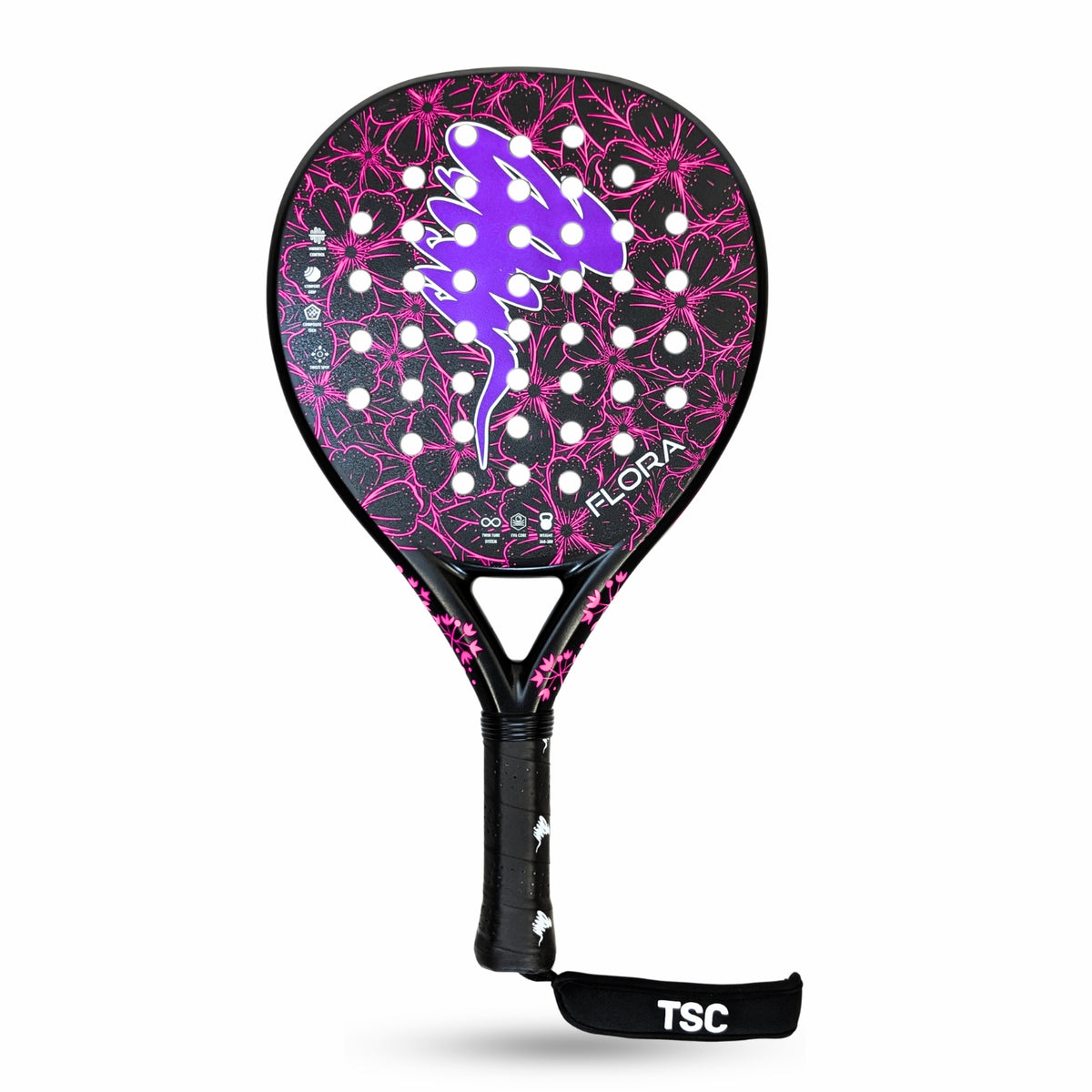 A paddle paddle racket featuring a black frame with a vibrant pink and purple crackle pattern and a purple fish logo, complete with a black wrist strap labeled TSC.