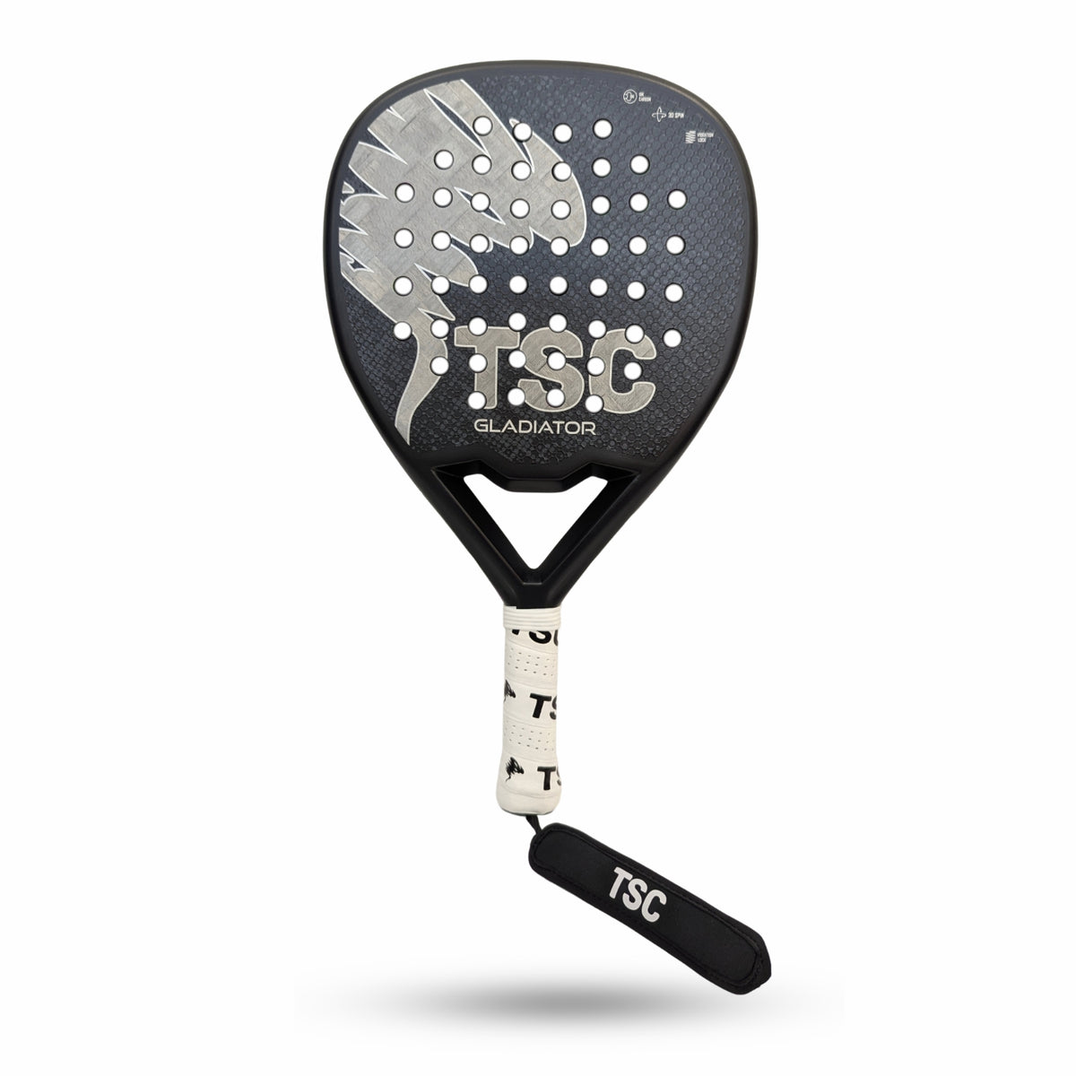 A TSC Gladiator paddle racket in black and grey, featuring a textured face with a stylized wing graphic, white TSC branding, and a black wrist strap on a solid white background. best padel racket or racquet 