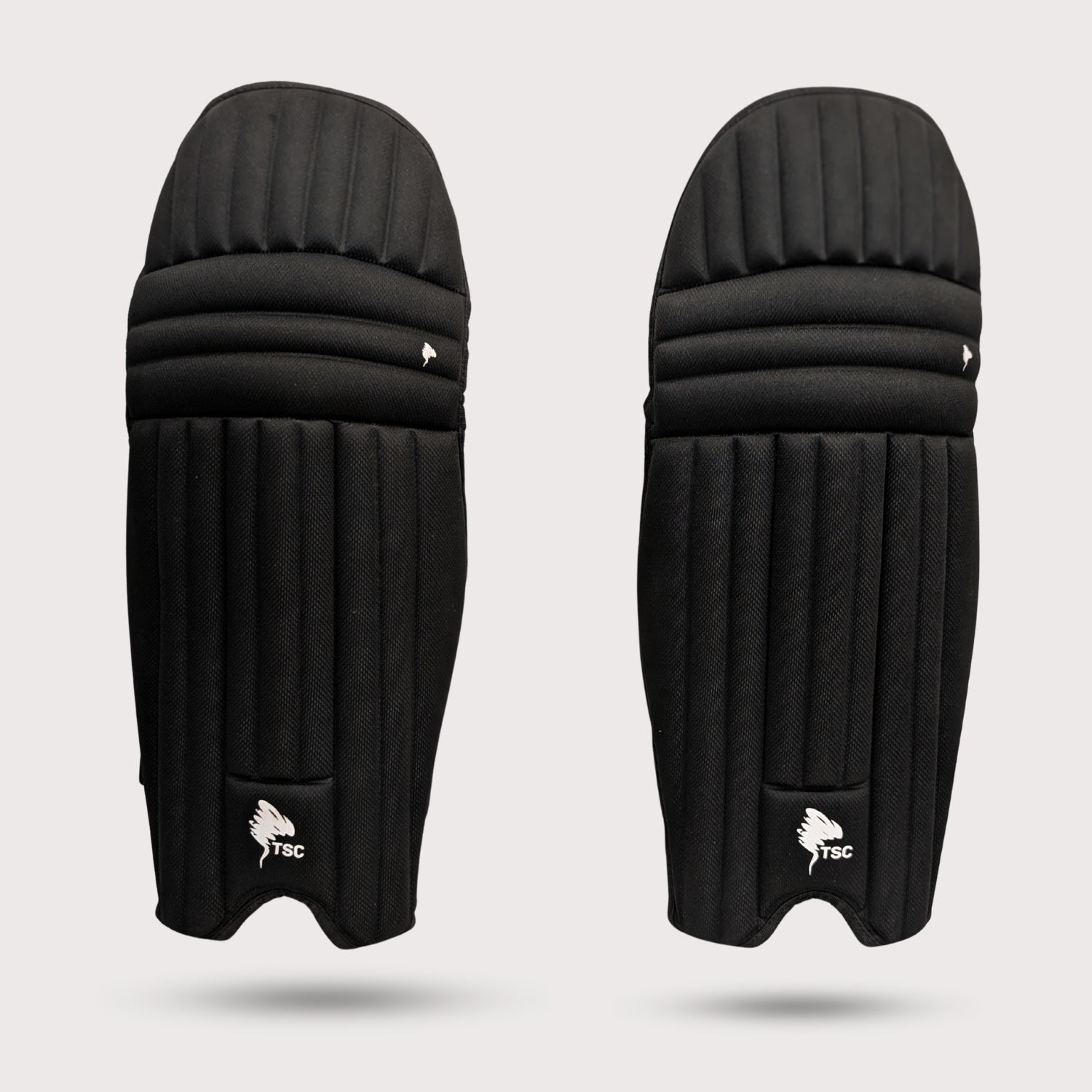 Pair of black protective shin guards on a light gray background molded cricket pads