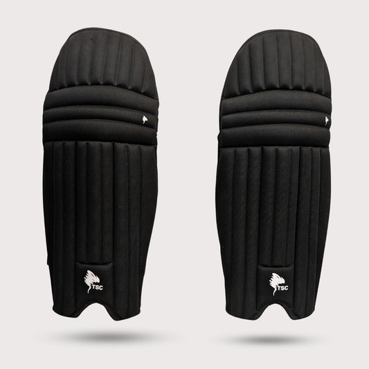 Pair of black protective shin guards on a light gray background molded cricket pads