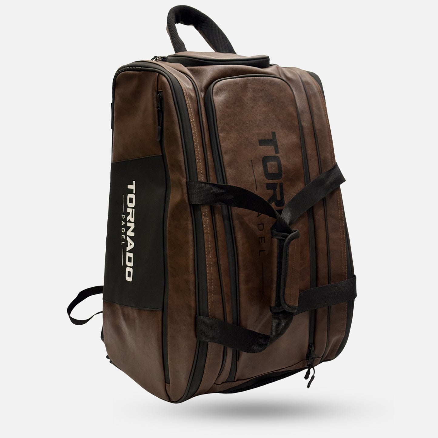 Tornado Padel Bag 2026 Leather Brown with insulated racket compartments, shoe storage, backpack straps, and court hanging hook.