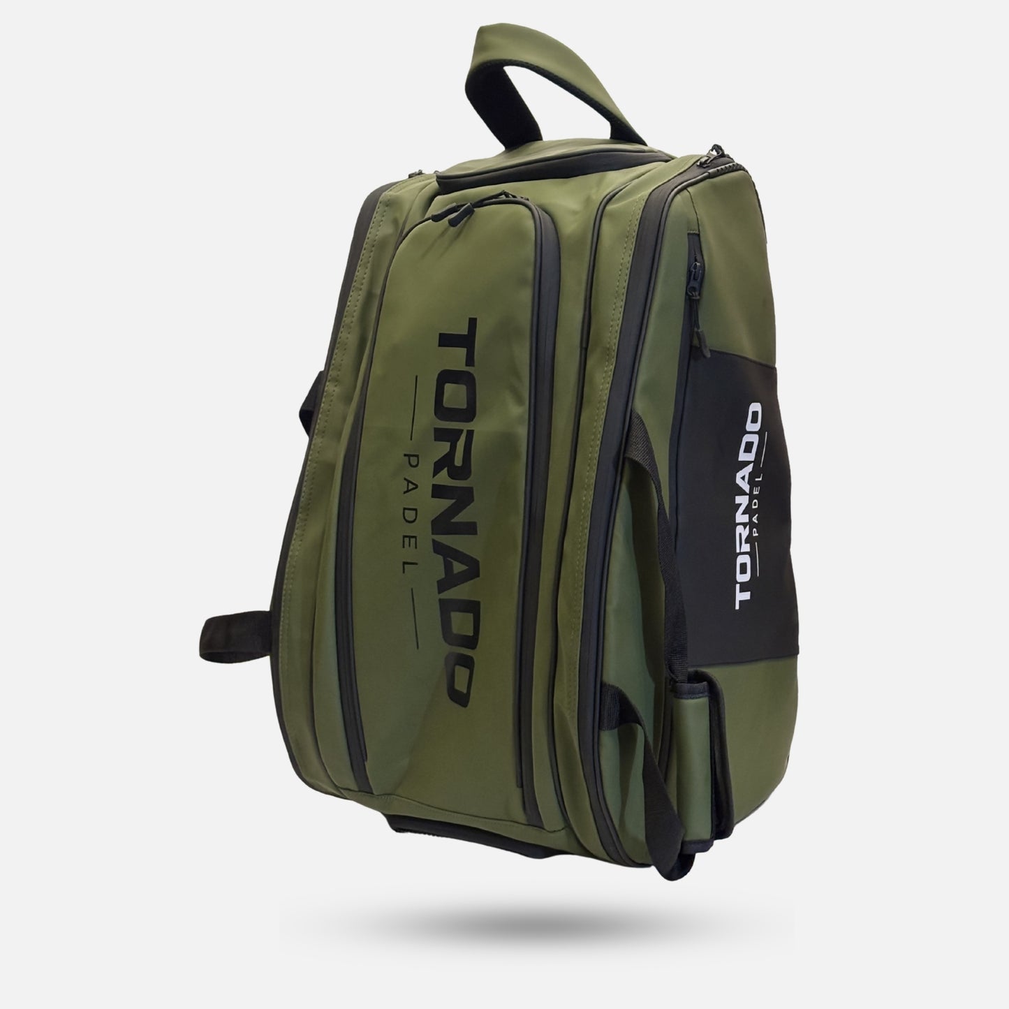 Tornado Padel Bag 2026 Matt Green with insulated racket compartments, shoe storage, backpack straps, and court hanging hook.