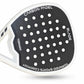 A Tornado Blade Padel Racket with a carbon fiber body, predominantly black with white and gray accents, and the Tornado brand logo visible. close of paddel racket 