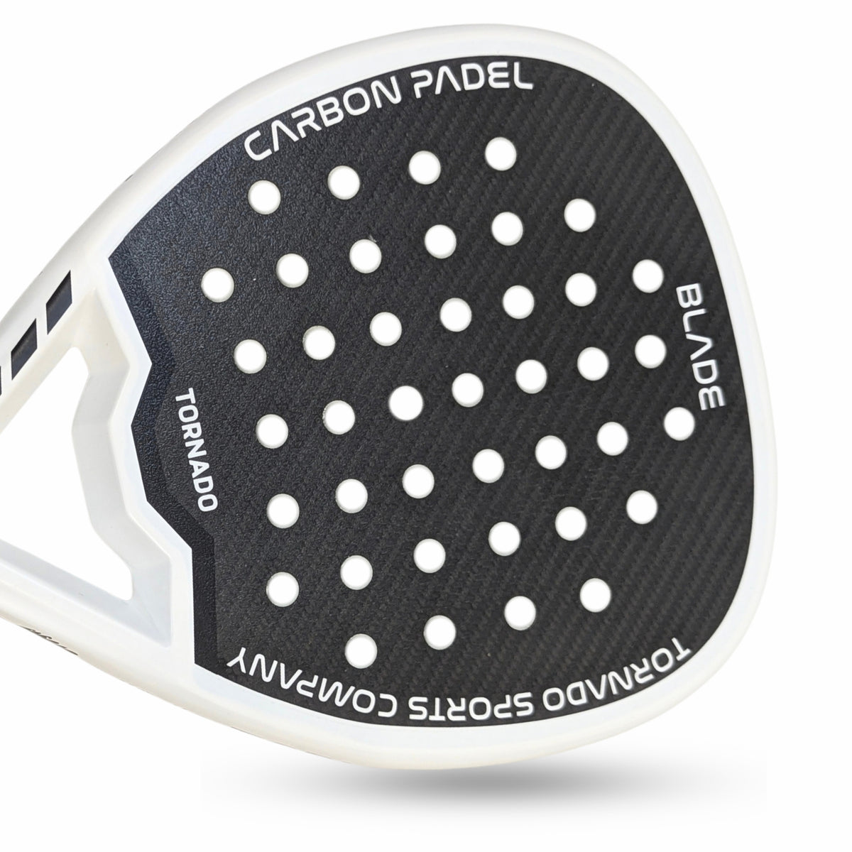 A Tornado Blade Padel Racket with a carbon fiber body, predominantly black with white and gray accents, and the Tornado brand logo visible. close of paddel racket 