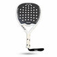 A Tornado Blade Padel Racket with a carbon fiber body, predominantly black with white and gray accents, and the Tornado brand logo visible.