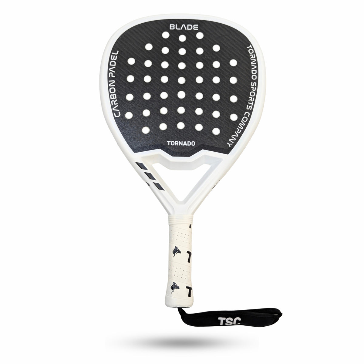 A Tornado Blade Padel Racket with a carbon fiber body, predominantly black with white and gray accents, and the Tornado brand logo visible.